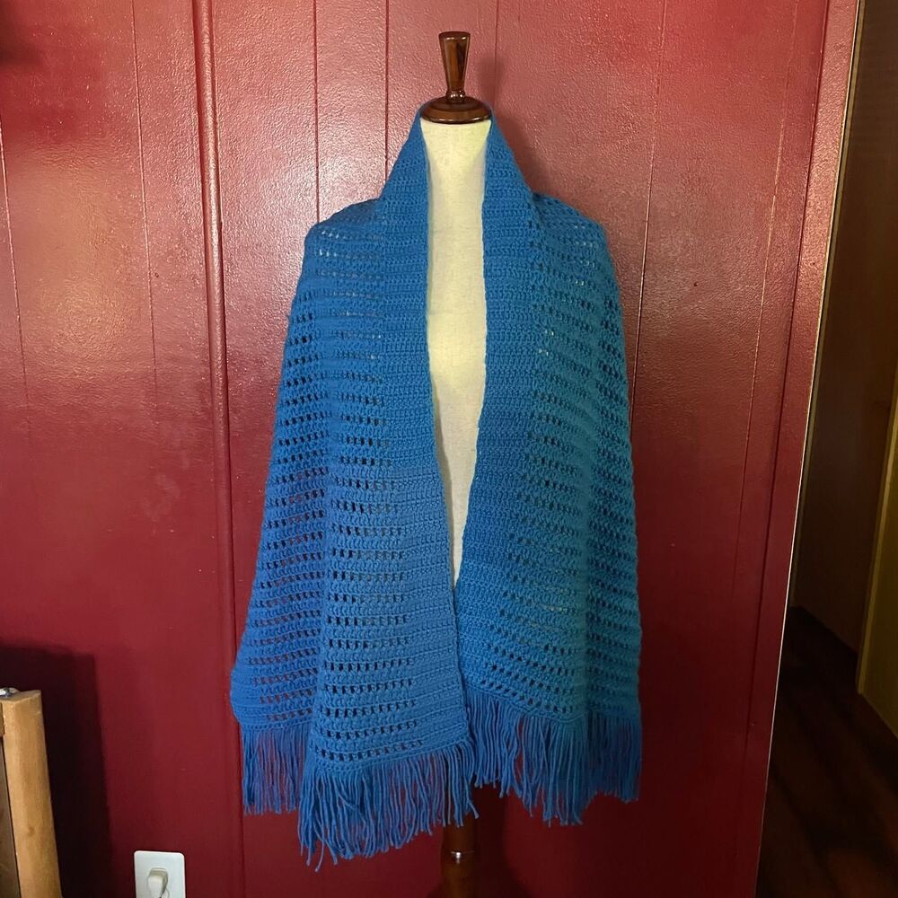Vintage Handmade Royal Blue Crocheted Rectangle Shawl